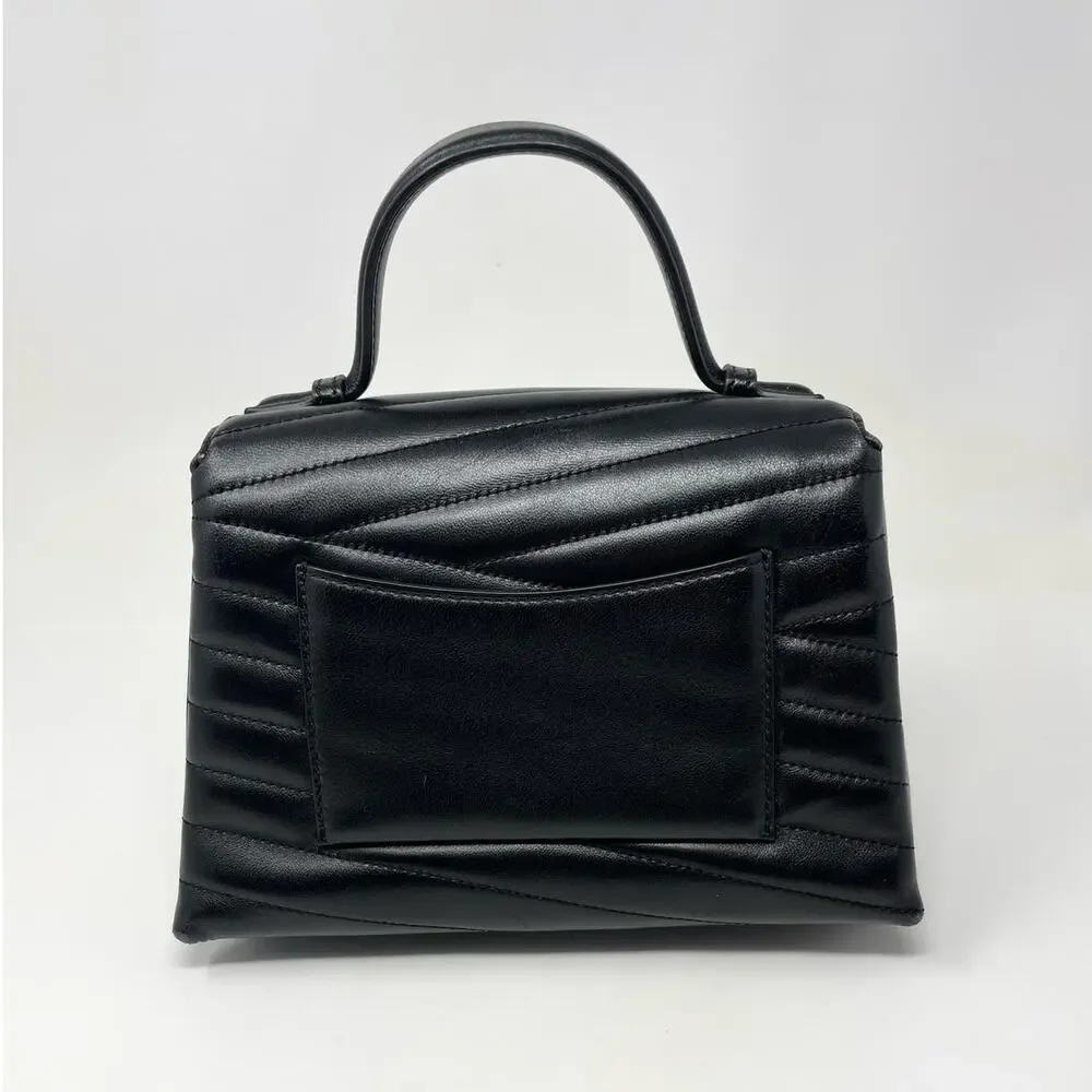 Tory Burch Kira Chevron Leather Top Handle Satchel 2 Way Shoulder Bag Black Gold - Picture 4 of 15